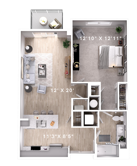 Floor plan for 1 bed, 1 bath, 770 sqft